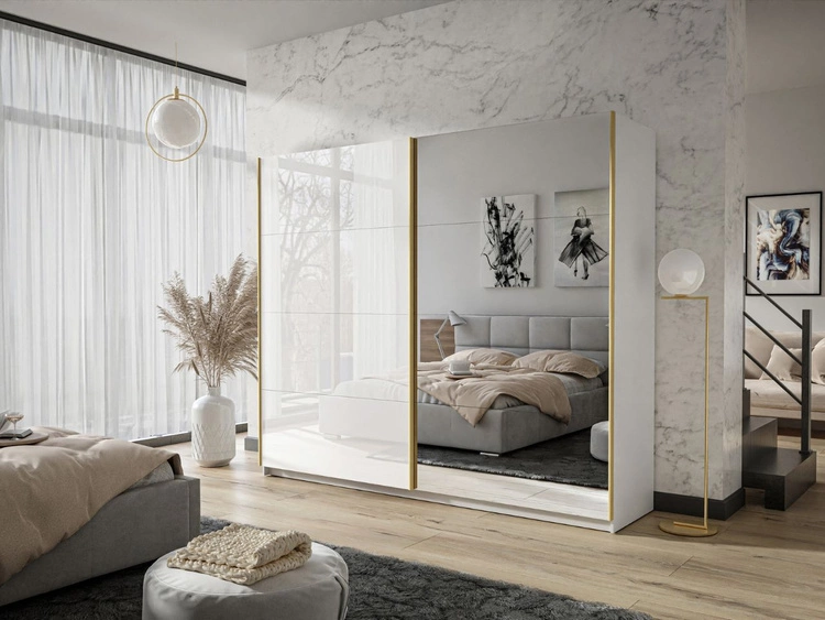 Schwebetürenschrank Zweitüriger mit Spiegel 244 cm Noaé Weiß Hochglanz