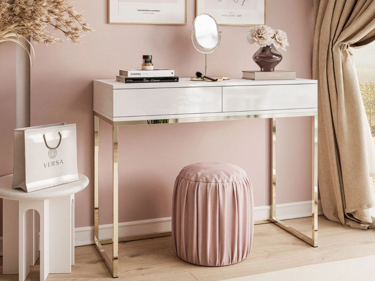 Konsolentisch mit Schubladen und goldenem Gestell im Glamour-Stil Brisa Weiß Hochglanz