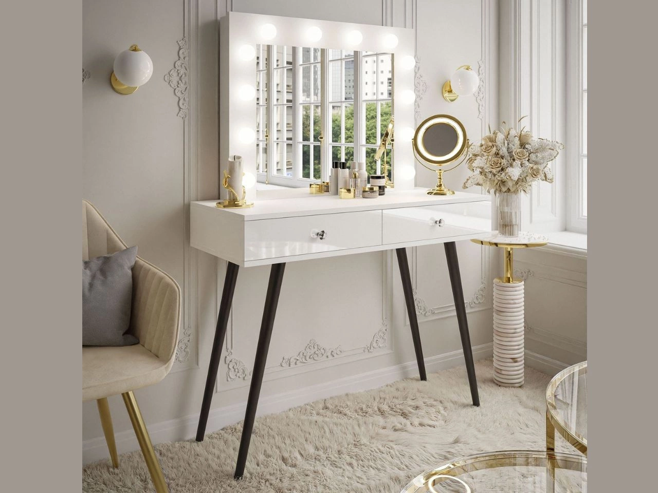 Schminktisch glamour  mit Schubladen, schwarzen Beinen und LED-Beleuchtung Olivine Weiß Hochglanz