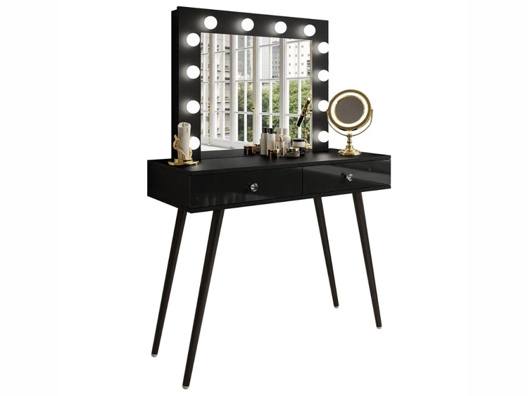 Schminktisch glamour mit Schubladen, Kristallgriffen und LED-Beleuchtung Olivine Schwarz Hochglanz