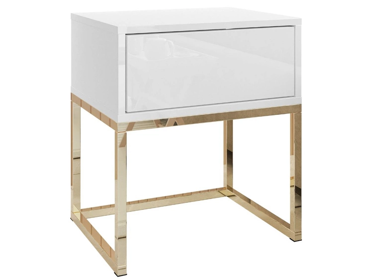 Nachttisch mit Schublade und goldenem Gestell Brisa Weiß Hochglanz