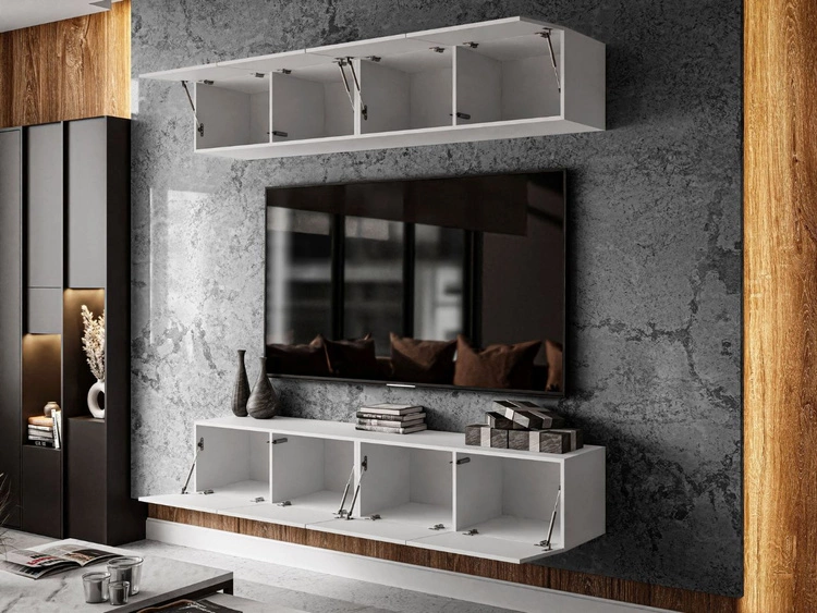 Hängende Wohnwand für das Wohnzimmer mit LED-Beleuchtung Nodoo Weiß Hochglanz