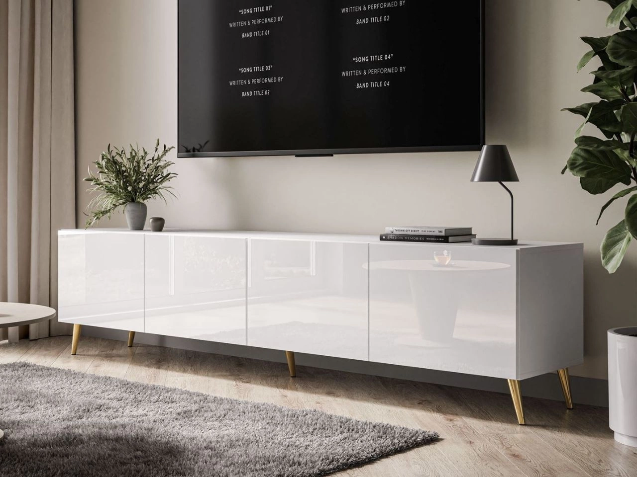 TV-Lowboard mit Türen auf Goldenen Metallbeinen 200 cm Nodoo Weiß Hochglanz