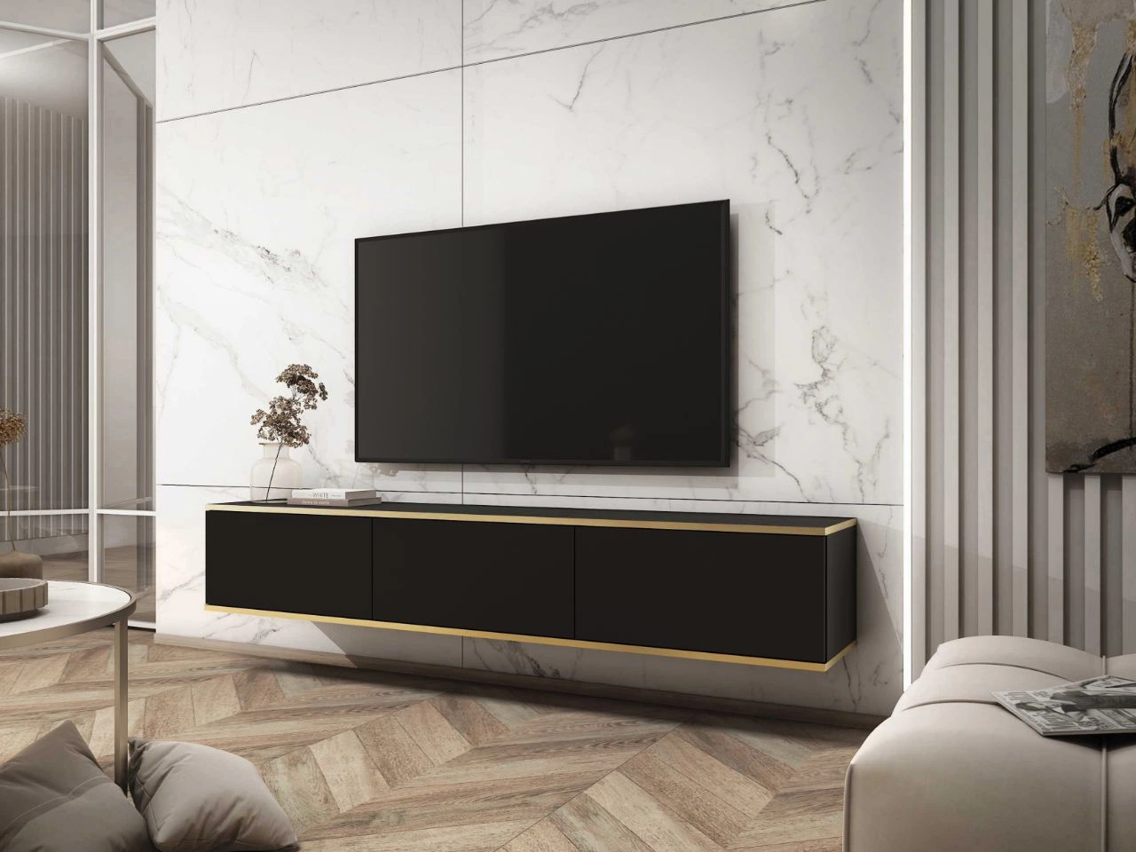 TV-Lowboard Hänge mit Türen 175 cm Diolo Schwarz mit glatter Front