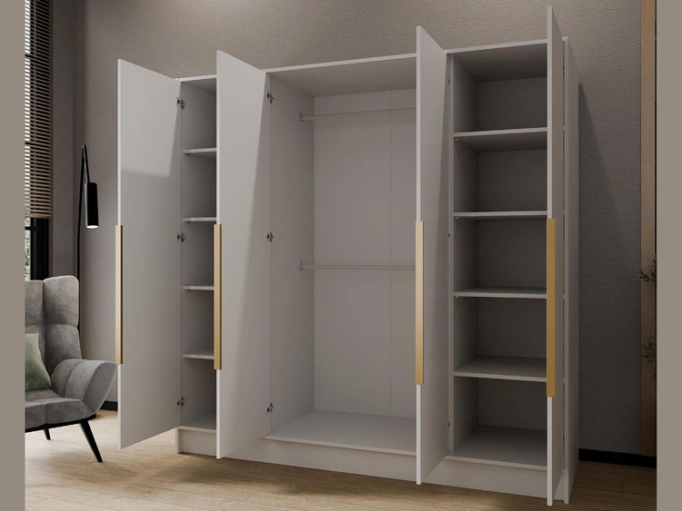 Kleiderschrank mit Spiegel 200 cm Lucca Weiß mit goldenen Griffen