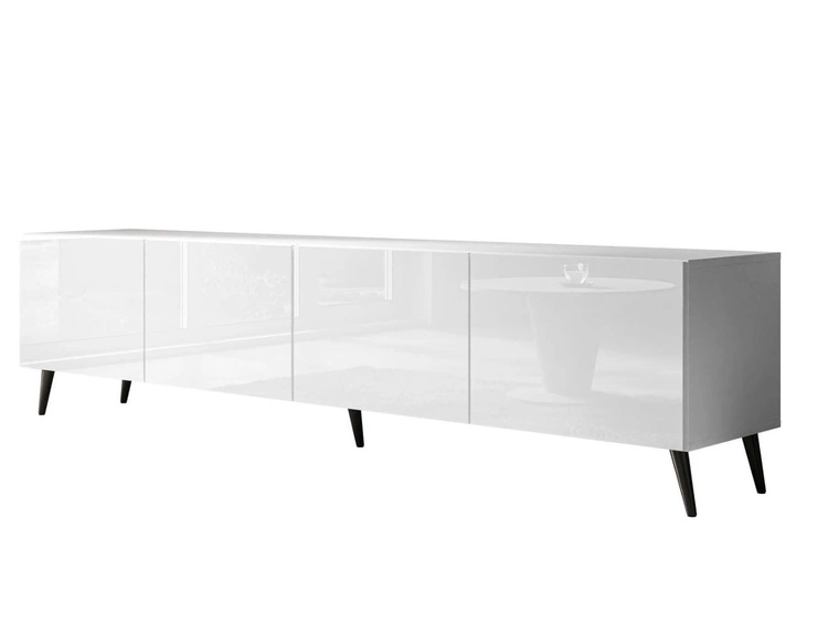 TV-Lowboard mit Türen auf Schwarzen Metallbeinen 200 cm Nodoo Weiß Hochglanz