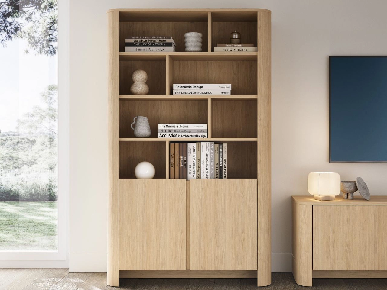 Bücherregal mit Türen und einer goldenen Zierleiste Brillo Vicenza-Eiche