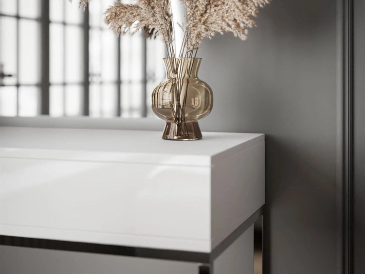 Kosmetiktisch rechtsseitig mit Schubladen und LED-Beleuchtung auf silbernen Beinen Clarette Weiß Hochglanz