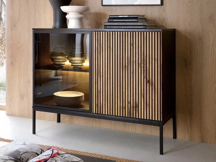 Wohnzimmerset mit Led Deo Schwarz, Eiche Wotan