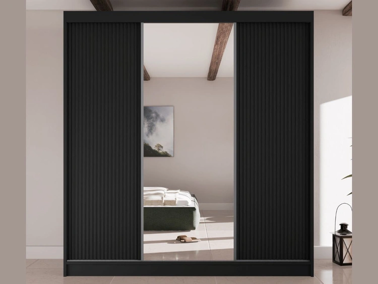 Schiebetürenschrank mit geriffelter Front und Spiegel 200 cm Rivas Schwarz