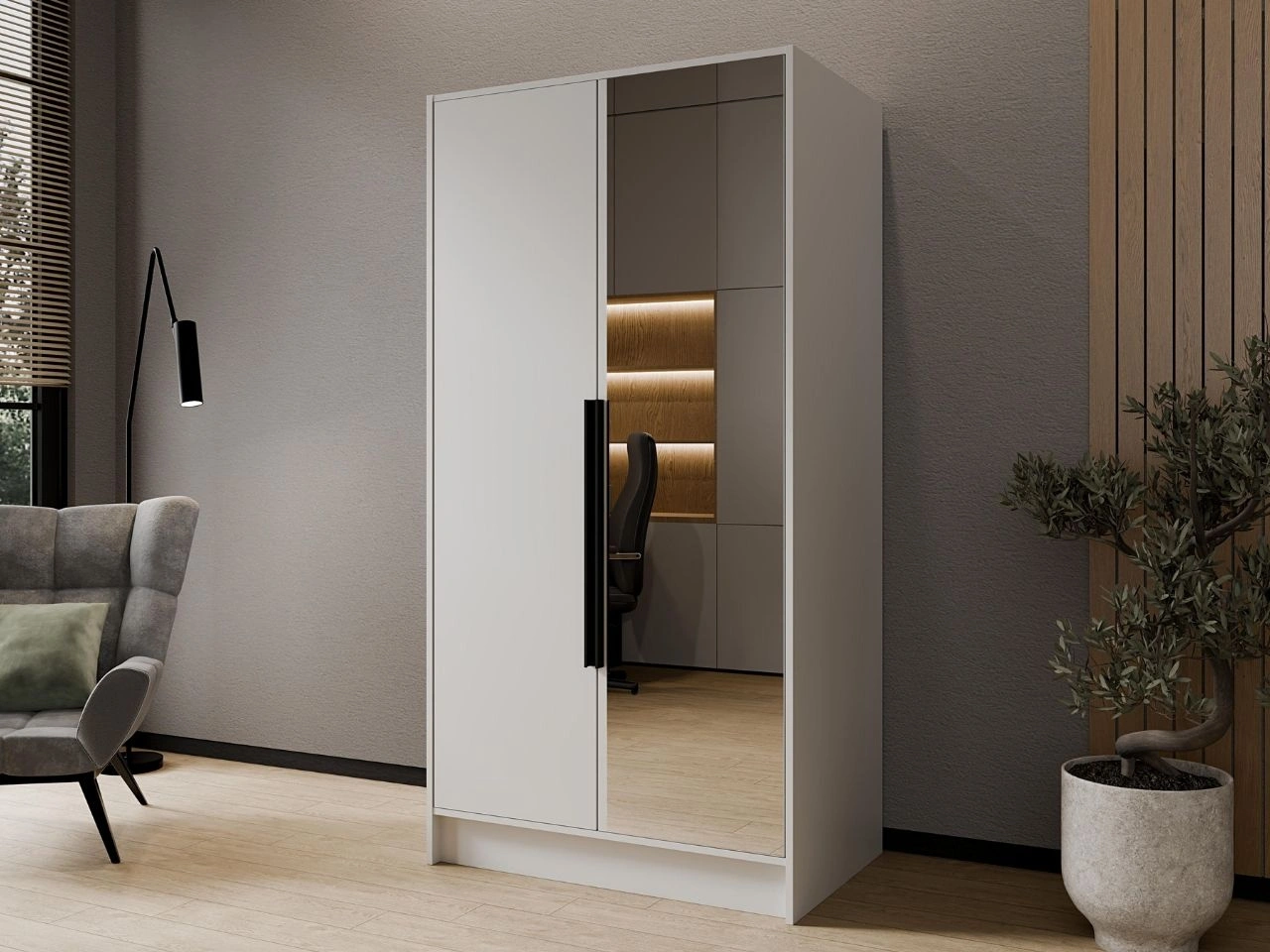 Kleiderschrank mit Spiegel 100 cm Lucca Weiß mit schwarzen Griffen