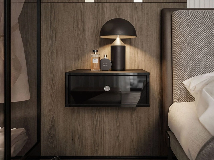 Hängender Nachttisch mit Schublade und Kristallgriff Brisa Schwarz Hochglanz