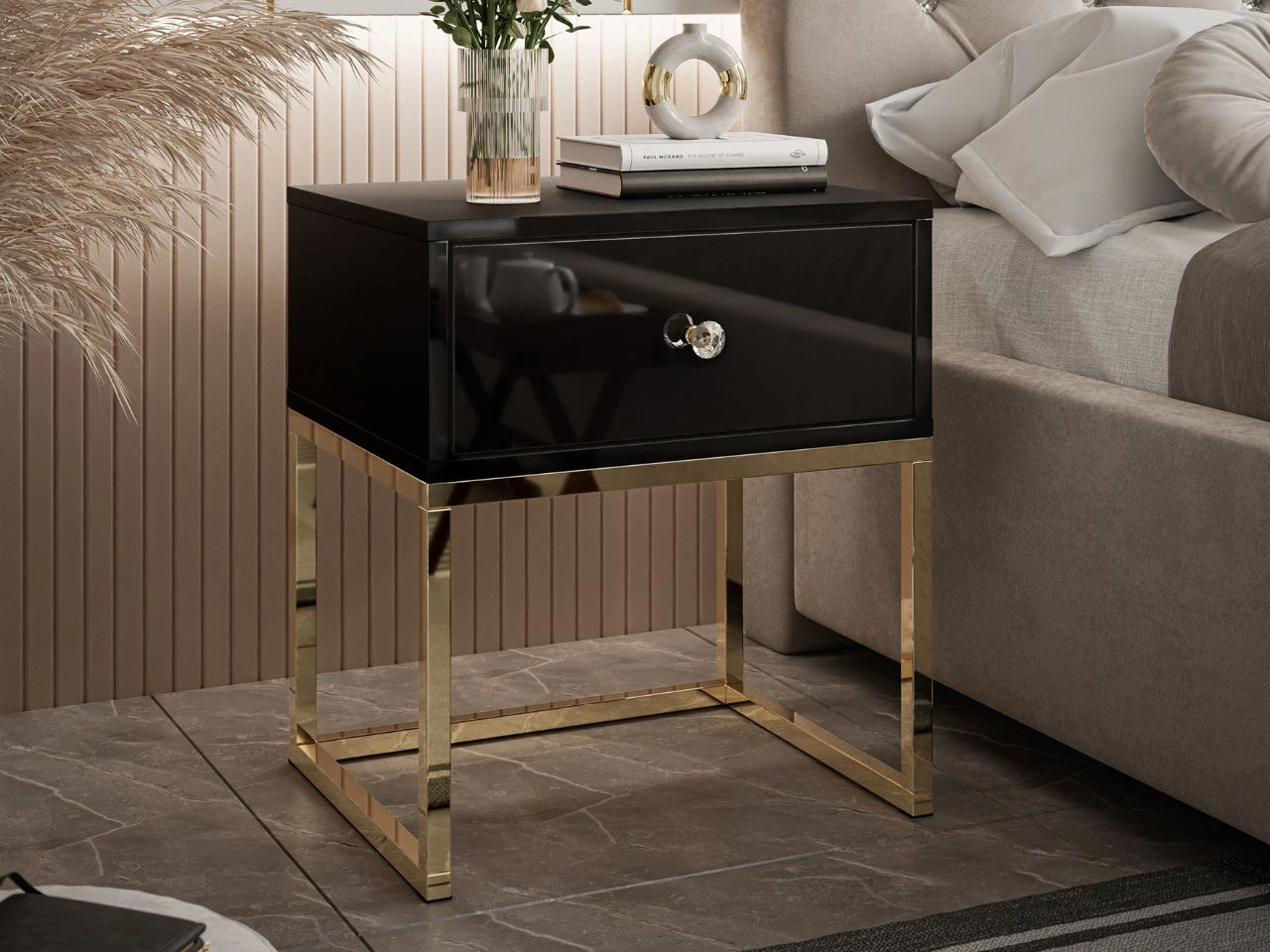 Nachttisch Glamour mit Schublade und goldenem Gestell Brisa Schwarz Hochglanz