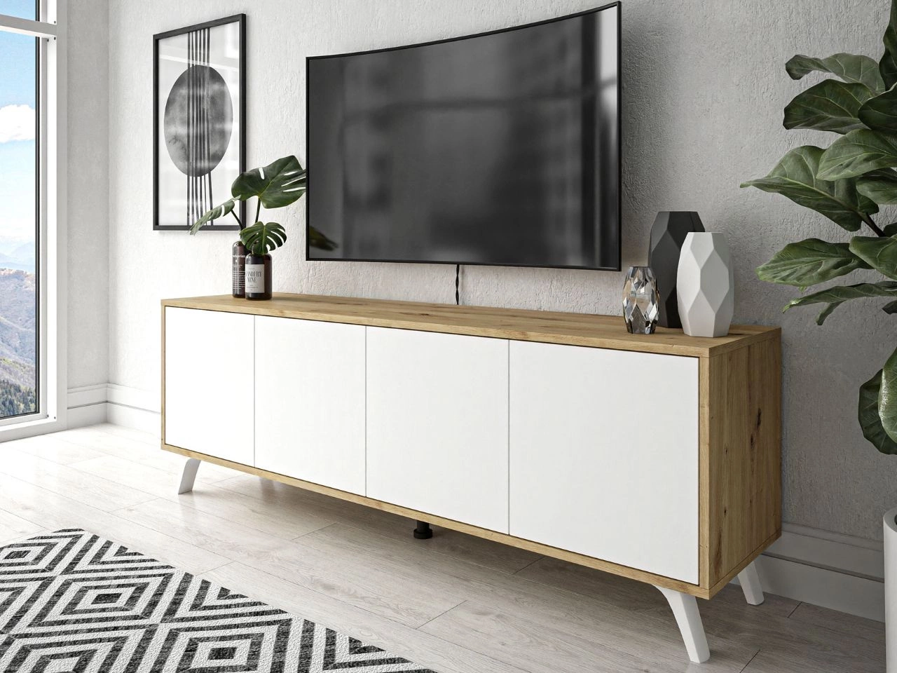 TV-Lowboard mit Türen und weißen Beinen Vivance Weiß & Eiche Artisan