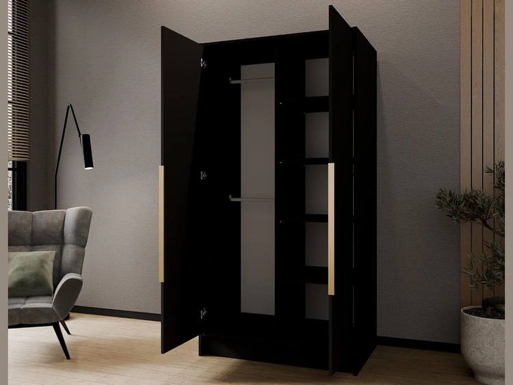 Kleiderschrank 100 cm Perugia Schwarz mit goldenen Griffen