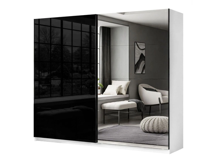 Schwebetürenschrank Zweitüriger mit Spiegel 244 cm Nuveo Schwarz-Weiß Hochglanz