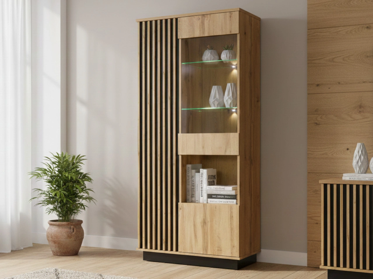 Zweitüriger Standvitrinenschrank mit LED-Beleuchtung Lavore Wotan Eiche, Schwarz matt