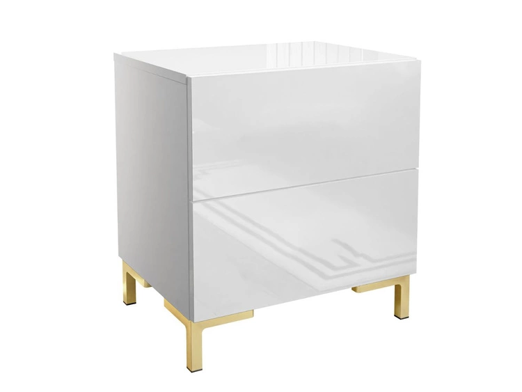 Nachttisch mit zwei Schubladen auf Goldenen Beinen Nuveo Lux Weiß Hochglanz