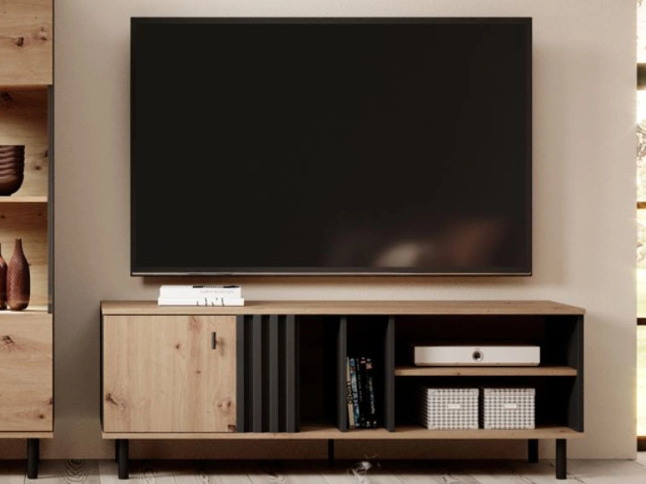 TV-Lowboard mit Türen Malone Artisan Eiche, Schwarz