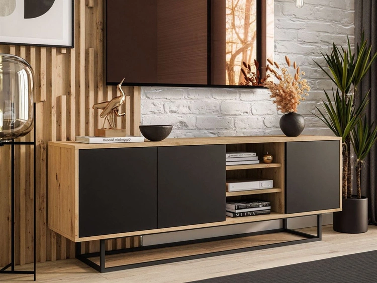 TV-Lowboard mit Türen auf schwarzem Gestell Vivance Schwarz und Artisan Eiche