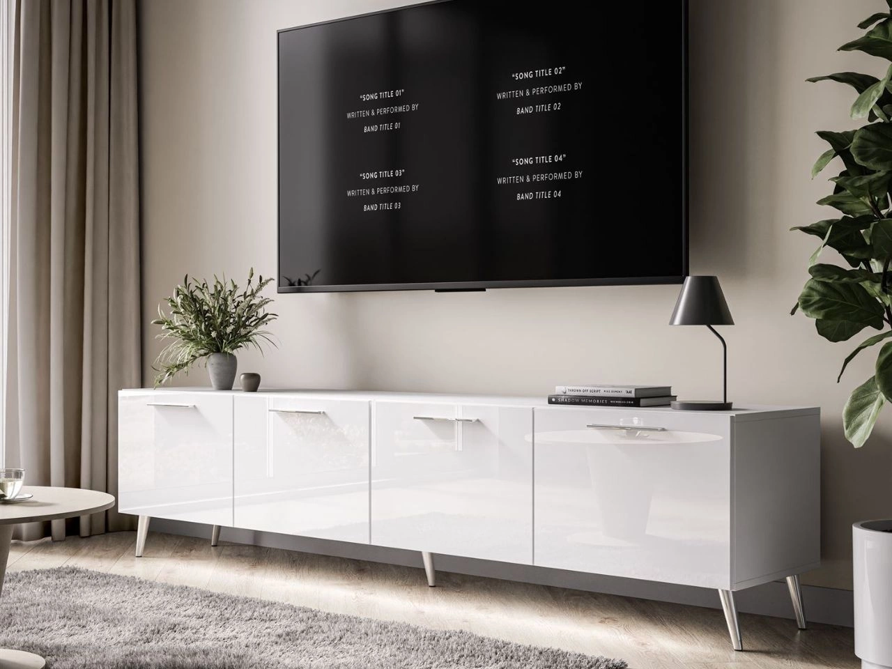 TV-Lowboard mit Türen und LED-Beleuchtung auf Silbernen Metallbeinen 200 cm Noaé Weiß Hochglanz