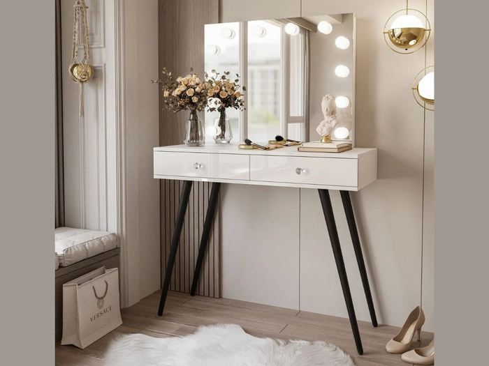 Schminktisch im Glamour-Stil mit schwarzen Beinen, Kristallgriffen und LED-Beleuchtung Olivine Elite Weiß Hochglanz