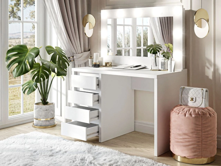 Schminktisch breiter Spiegel, LED-Licht und Schubladen Nesso Weiß Matt