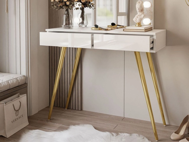 Schminktisch im Glamour-Stil mit Schubladen, Spiegel und LED-Beleuchtung Olivine Elite Weiß Hochglanz