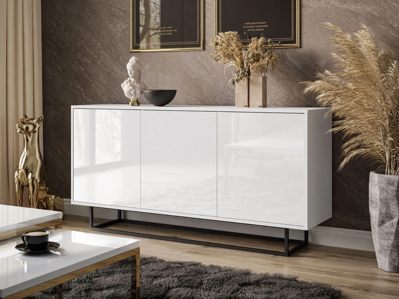 Drehtür-Kommode 154 cm im Glamour-Stil auf schwarzem Gestell Vivance Weiß Hochglanz