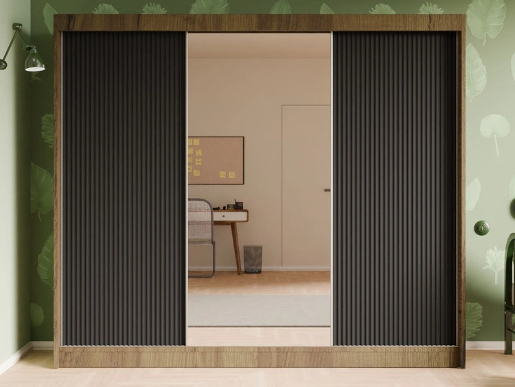 Schiebetürenschrank mit geriffelter Front und Spiegel 250 cm Fano Handwerk Goldene Eiche, Schwarz