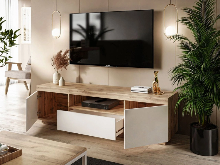Wohnzimmer-Set – TV-Schrank und Kommode Asumi Weiß und Eiche Wotan