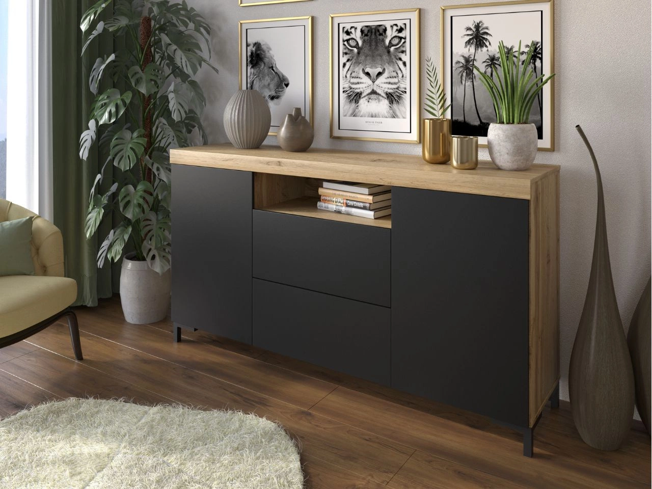 Zweittürige Kommode 164 cm im Loft-Stil Asumi Schwarz matt und Eiche Wotan