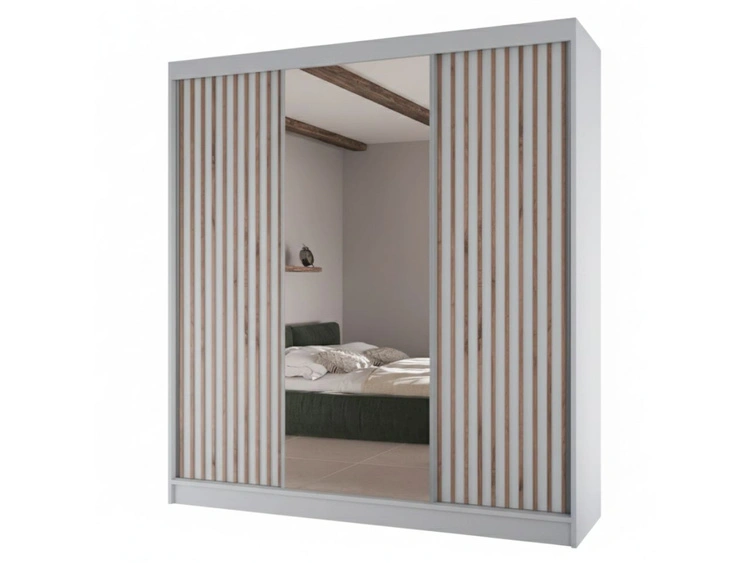 Schiebetürenschrank mit Lamellen und Spiegel 200 cm Lucena Weiß