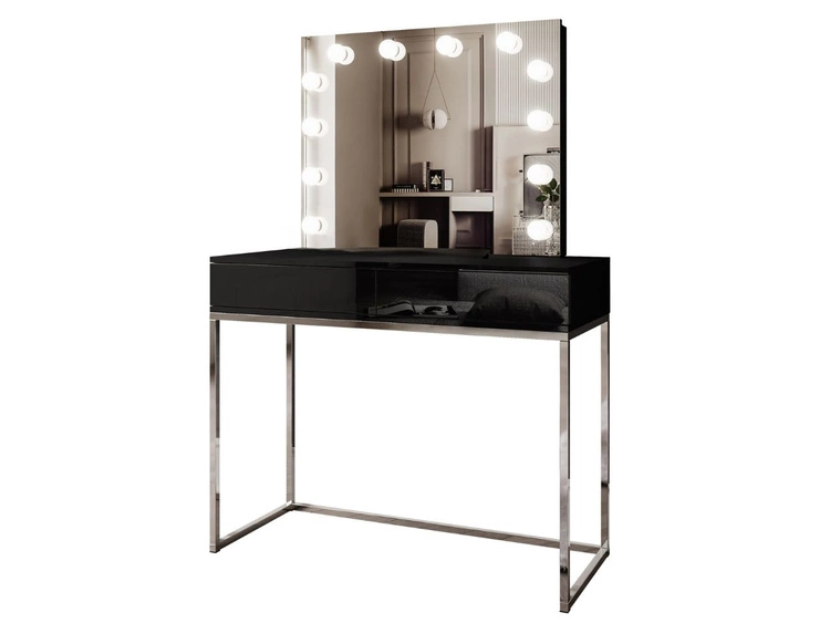 Schminktisch Glamour mit Schubladen, Spiegel und LED-Beleuchtung Brisa Schwarz Hochglanz