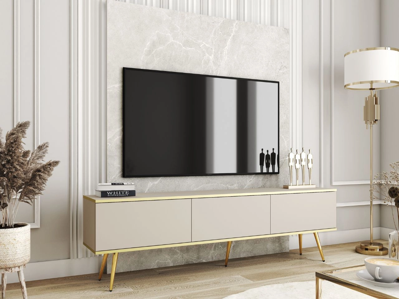 TV-Lowboard mit Türen 175 cm Diolo Beige mit glatter Front auf goldenen Beinen