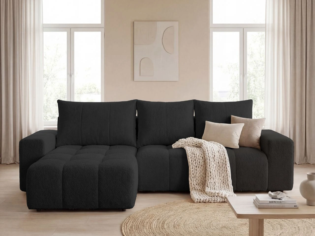 Ecksofa L-Form mit Schlaffunktion und Bettkasten Bresso Schwarz