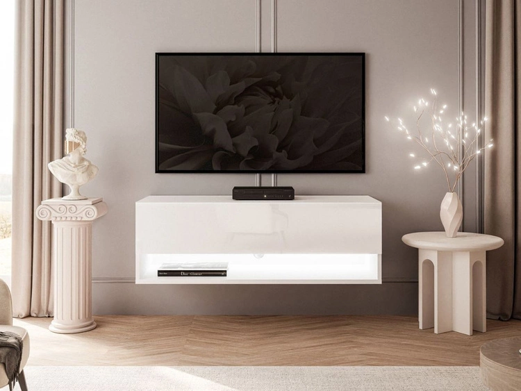 Hänge TV-Schrank 90 cm für Wohnzimmer mit LED-Beleuchtung Aurelie Weiß Hochglanz