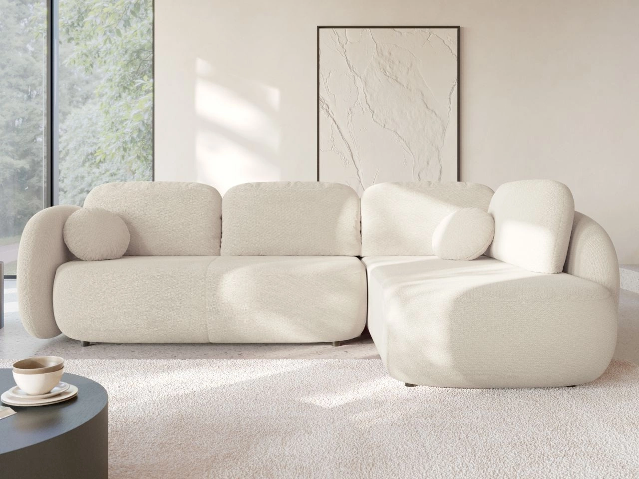 Ecksofa mit Schlaffunktion und Bettkasten Rechts Carino Creme