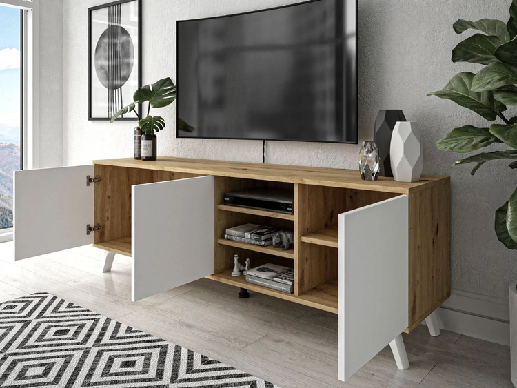 TV-Lowboard mit Türen und weißen Beinen Vivance Weiß & Eiche Artisan