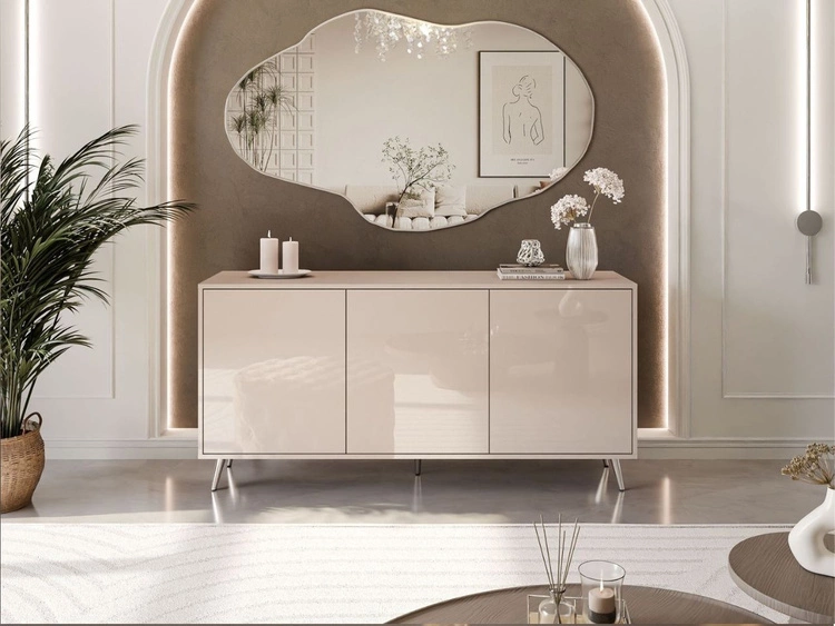 Dreitürige Kommode 154 cm Glamour-Stil auf silberfarbenen Metallbeinen Vivance Kaschmirglanz