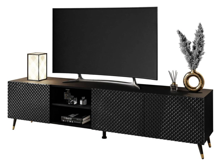 TV-Schrank mit 3D-gefrästen Fronten und schwarz-goldenen Metallbeinen Celiane Schwarz Glanz