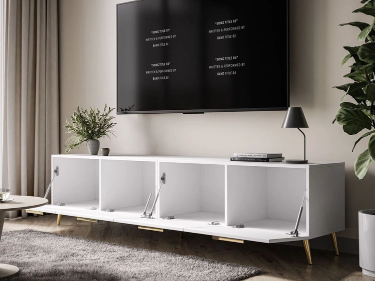 TV-Lowboard mit Türen auf Goldenen Metallbeinen 200 cm Noaé Weiß Hochglanz