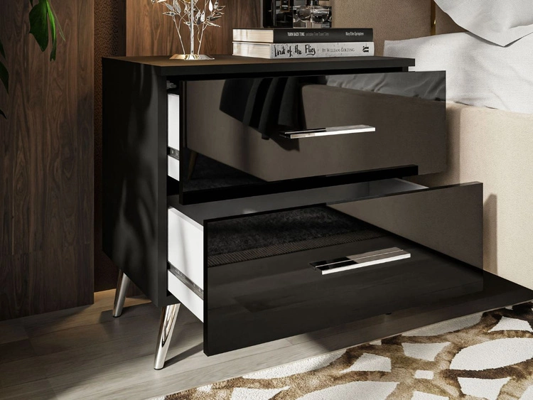 Nachttisch mit Schubladen auf Silbernen Metallbeinen Nuveo Schwarz Hochglanz