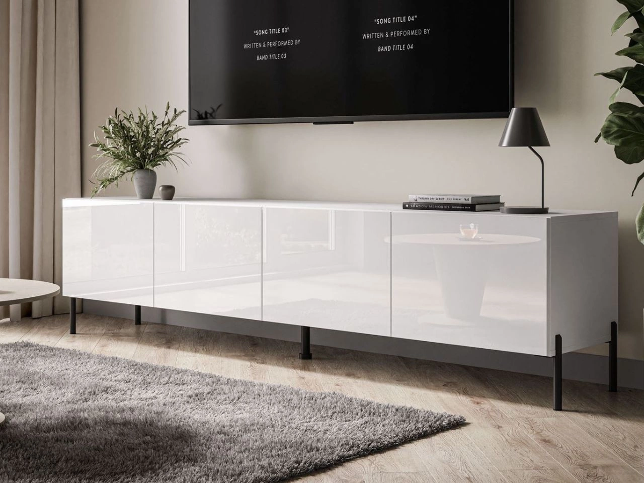 TV-Lowboard mit Türen auf Schwarzen Metallbeinen 200 cm Nodoo Weiß Hochglanz