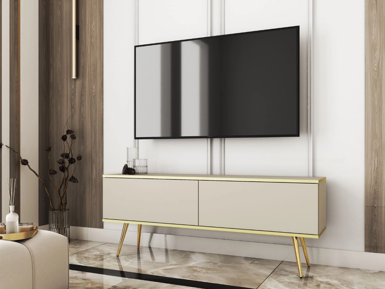 TV-Lowboard mit Türen 135 cm Diolo Beige mit glatter Front auf goldenen Beinen