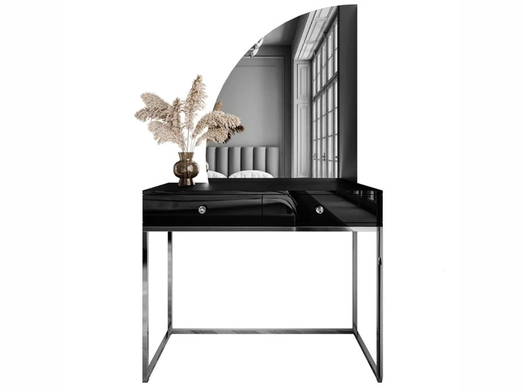Kosmetiktisch linksseitig mit Schubladen und LED-Beleuchtung auf silbernen Beinen Clarette Schwarz Hochglanz