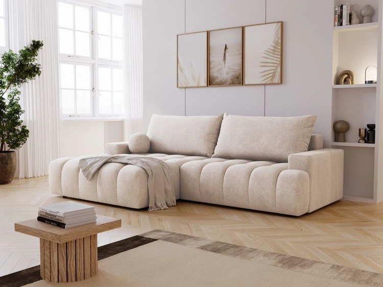 Ecksofa L-Form mit Schlaffunktion und Bettkasten Havi Links Hellbeige