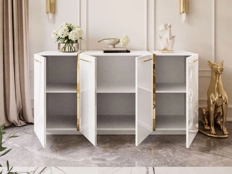 Viertürige Kommode 158 cm Glamour-Stil mit goldenen Griffen Lunelie Weißglanz