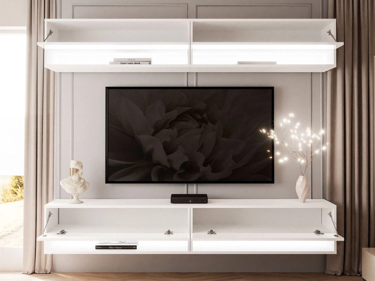 Hängende Wohnwand mit LED-Beleuchtung Aurelie Weiß Hochglanz