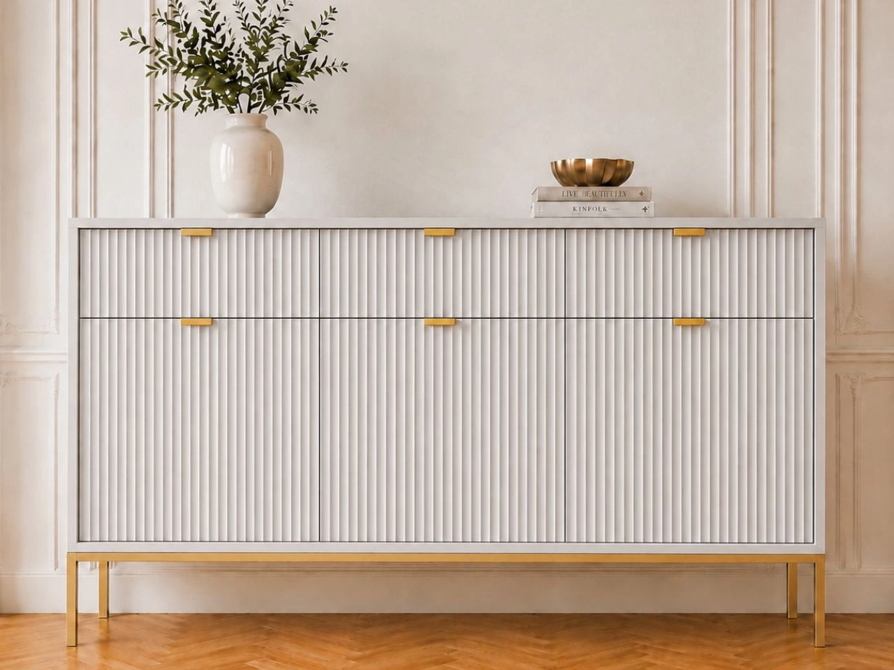 Kommode mit Türen und Schubladen Amber Grau auf goldenen Beinen